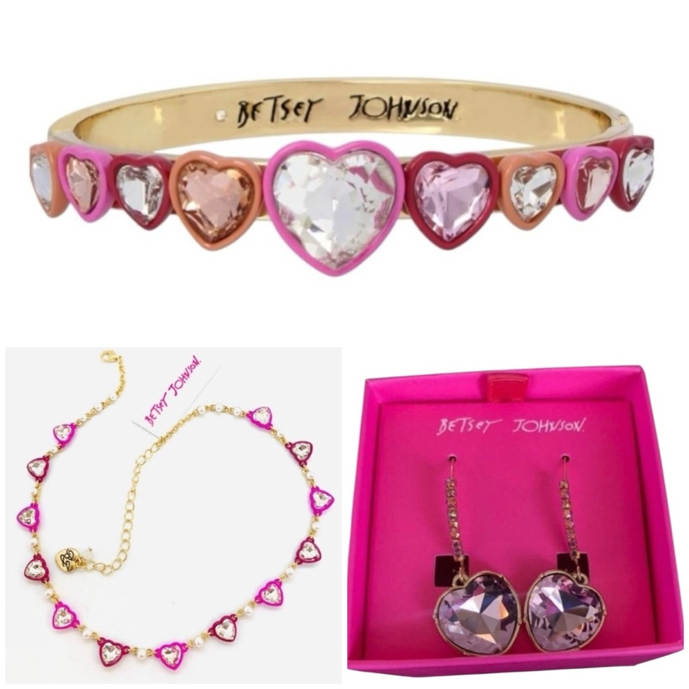 BETSEY JOHNSON SET Multi-Heart Crystal-Studded Necklace Bracelet & Earrings NWT